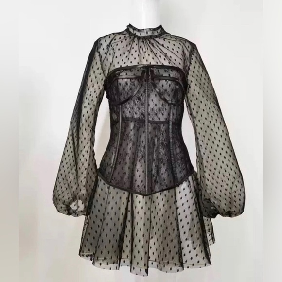 Lace mini dress with corset in Black Size L - Picture 4 of 7